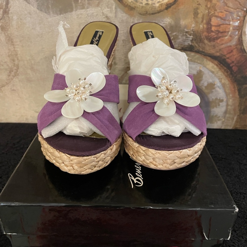 Beverly Feldman Purple Wedges with Floral Accent